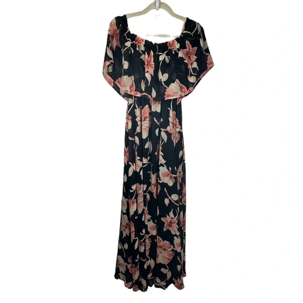 Lulus Infinite Love‎ Black Floral Print Off-the-Shoulder Maxi Dress Sz Small